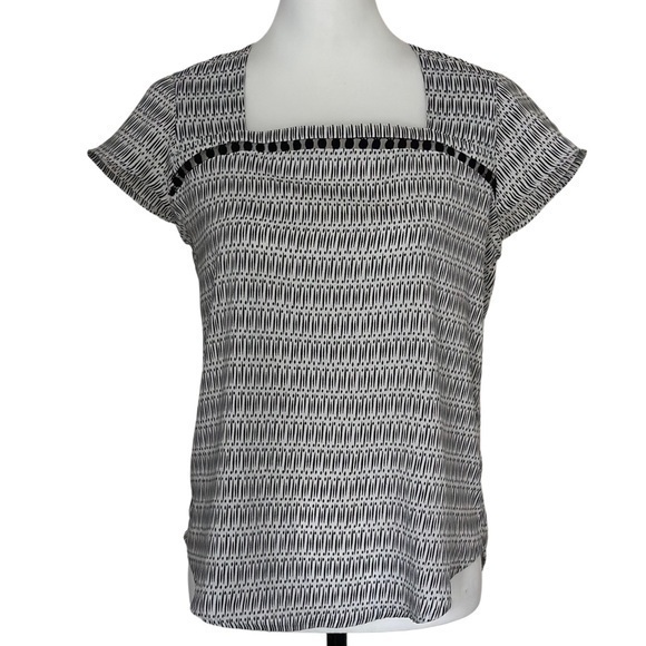 Ann Taylor Tops - Ann Taylor Geometric Pom Pom Trim Square Neck Blouse Black White Women Small